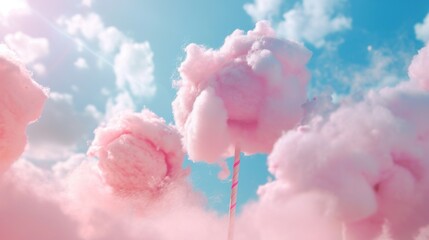 Cotton candy against the blue sky with clouds. Colorful background.
