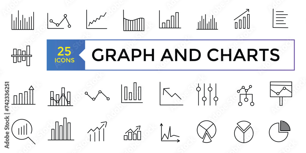 Poster a set of graphs and charts related vector icons design. graphics linear icon collection.