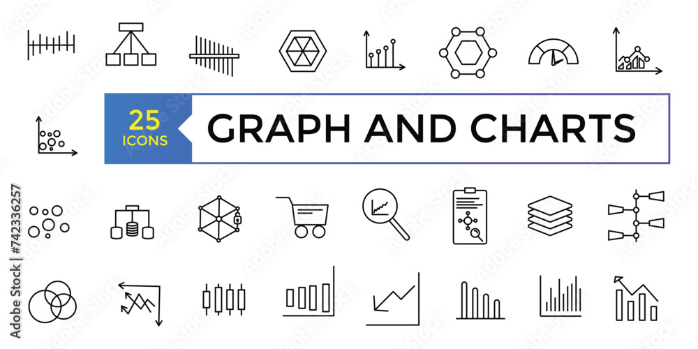 Poster a set of graphs and charts related vector icons design. graphics linear icon collection.