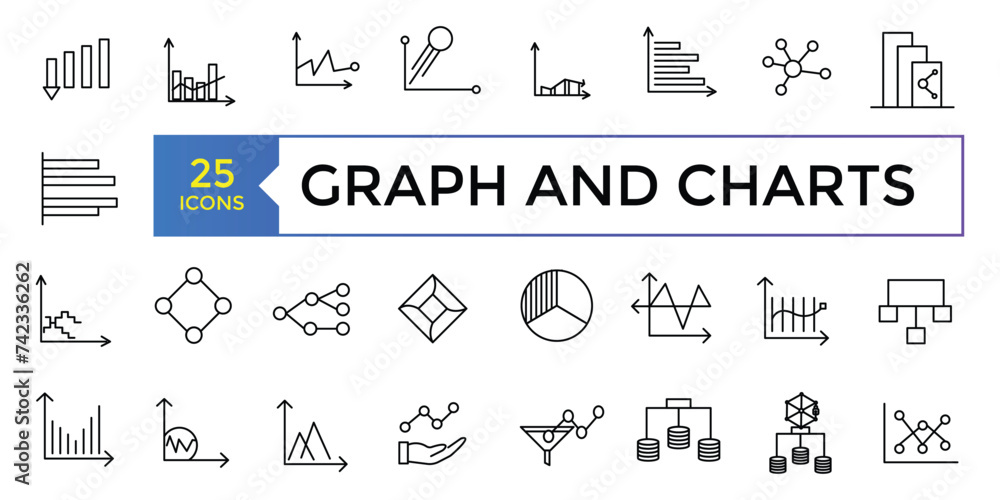 Poster a set of graphs and charts related vector icons design. graphics linear icon collection.