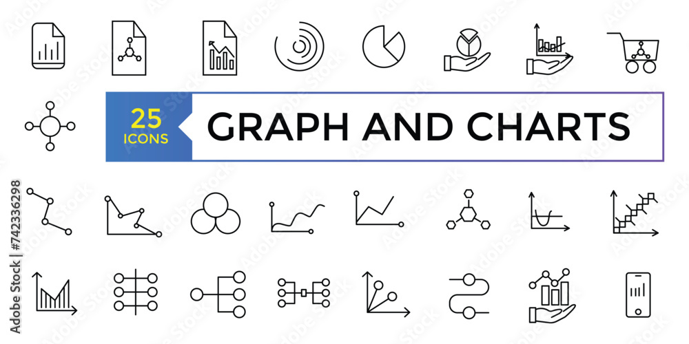 Poster a set of graphs and charts related vector icons design. graphics linear icon collection.