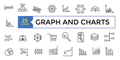A set of graphs and charts related vector icons design. Graphics linear icon collection.