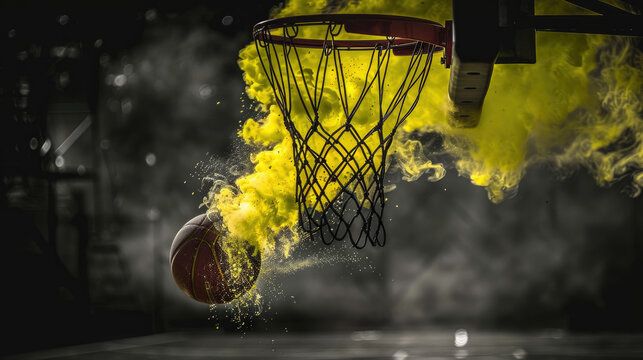 Cool basketball photo concept with yellow smoke 