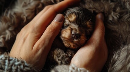 Little puppy in young woman's hand
