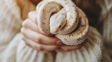A young woman's hand hugs a newly born albino snake.