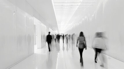 Abstract white office hallway with people moving in motion blur - obrazy, fototapety, plakaty