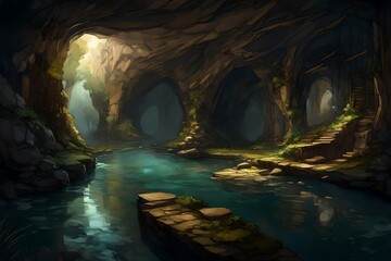 A secret underground stream, its gentle flow echoing through the depths of the cave. - obrazy, fototapety, plakaty