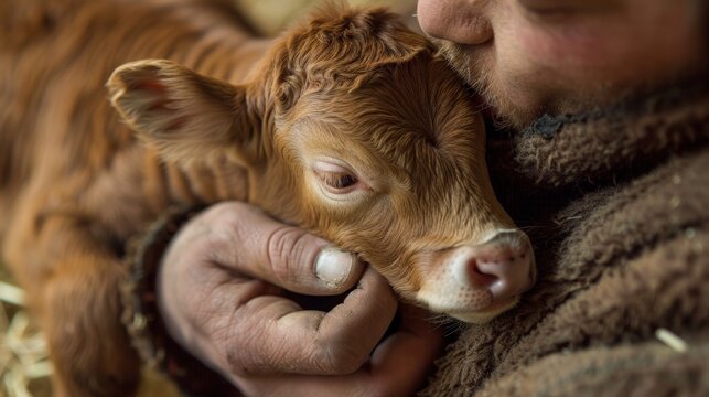 A young farmer's hand hugs a newborn calf.