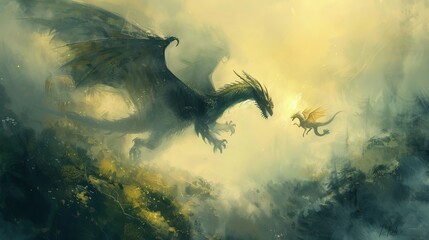 Oil painting artistic image of a large male black aggressive dragon flying over a foggy lush green...