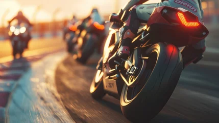 Foto op Plexiglas Motorcycle Racers Speeding on Track at Sunset, Extreme athlete Sport Motorcycles Raceing on race track © Viktorikus