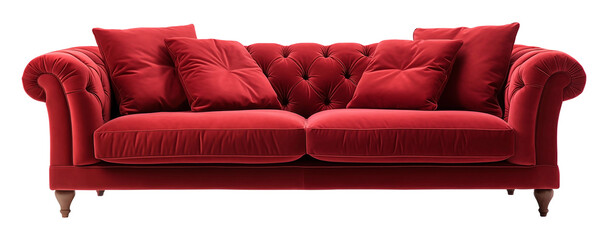 Red sofa with isolated against transparent background. Home decoration furniture concept