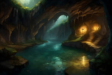 A mysterious underground river, winding through the depths of an ancient cave system.
