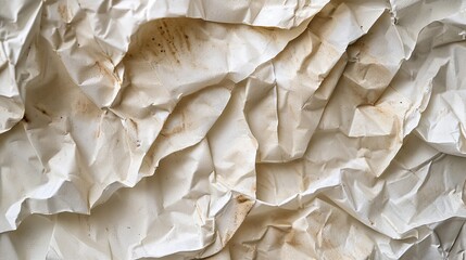 Obraz premium close-up shot of a crumpled piece of paper, showcasing a variety of creases and folds, with different shades of white and light brown stains