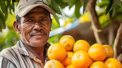 Elderly farmer with freshly harvested oranges - obrazy, fototapety, plakaty