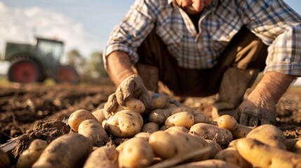 Mature farmer with freshly harvested raw potatoes
