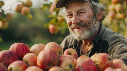 An adult farmer is showing off a pile of freshly harvested apples. - obrazy, fototapety, plakaty