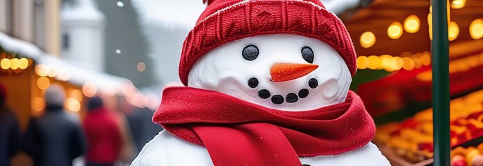 Charming cute cheery snowman wearing a festive red hat and scarf enjoying the snowy Christmas market in the Holiday. Banner with copy space