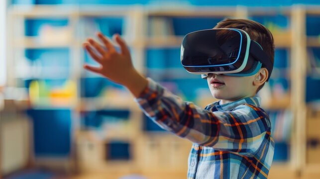 Side view portrait of little boy wearing VR headset and reaching out while testing augmented technology in school laboratory, copy space