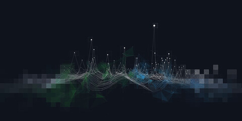 Abstract background noisy graph in chaotic  lines from dots on dark. Interlacement  technology pixelated concept in virtual space. Big Data. Banner for business, science and technology data analytics.