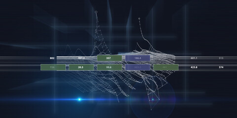 Abstract background grid polygonal wireframe graph with circles and blurred lines on dark blue. Technology graph concept in virtual space. Big Data. Banner for business, science and technology.