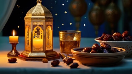 Ramadan iftar with dates, ramadan lantern evening light ai generated image