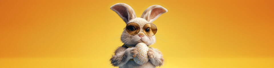 Whimsical Easter Bunny with Spectacles Holding a Polka Dot Egg Against Yellow Background