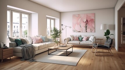 Living room with watercolor decor, daylight from window, minimalistic bright interior