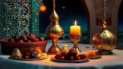 Fototapeta na wymiar Ramadan iftar with dates, ramadan lantern evening light ai generated image