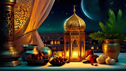 Ramadan iftar with dates, ramadan lantern evening light ai generated image