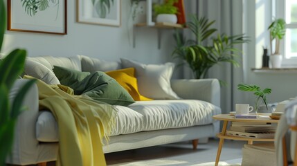 Cozy Modern Living Room with a Grey Sofa and Vibrant Green Accents