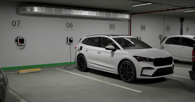 Generic electric crossover car connected to charging box. EV vehicle plugged in energy station, recharge battery at shopping mall or urban city house parking lot. 3D animation