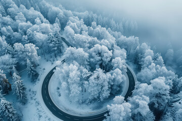 Winding road surrounded by snow-covered trees, view from above. Winter landscape view from a drone
