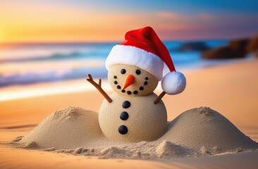 Snowman made of sand with Santa hat on beach near sea at sunset, space for text. Christmas vacation