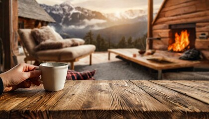 coffee moment with a stunning mountain view from a cozy cabin terrace