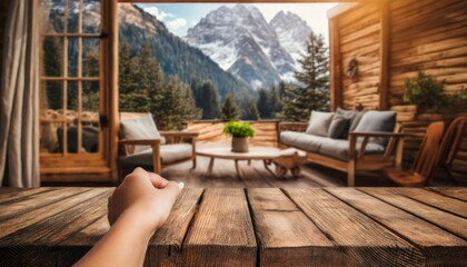 peaceful coffee moment with a stunning mountain view from a cozy cabin terrace - obrazy, fototapety, plakaty