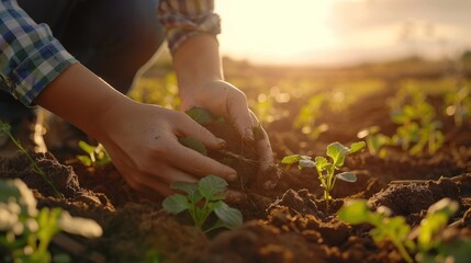 Fototapeta premium Expert female farmer collects soil and checks soil health before planting vegetable seeds or seedlings.