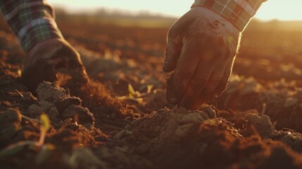 Expert female farmer collects soil and checks soil health before planting vegetable seeds or seedlings. - obrazy, fototapety, plakaty