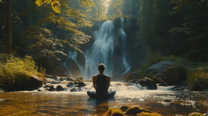 A person meditating in a tranquil forest surrounded by tall trees and the peaceful sounds of a nearby waterfall finding renewal and rejuvenation in the healing power of nature. - obrazy, fototapety, plakaty