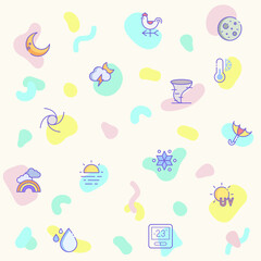 Vector illustration of a cute weather and weather cast. Collection of sunny, partly sunny, raining, snowing, cloudy, rainbow, weather forecast, rain and other elements. Isolated on beige.