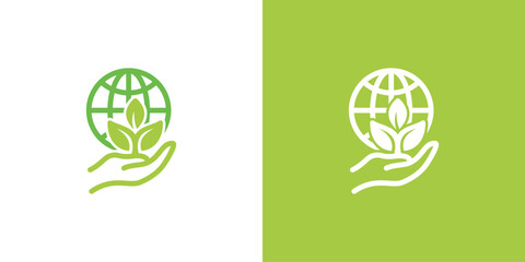 Modern and simple ecological Ball Design Template with hands and plants. logo of environment and green movement in line style. green globe logo. green world. green earth - obrazy, fototapety, plakaty