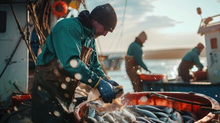 A fisherman is cleaning fish on a fishing boat.