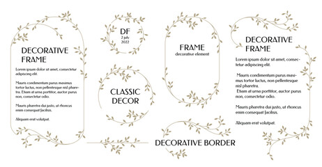 Set of decorative borders, frames, monograms. Graphic design page. Leafy pattern.