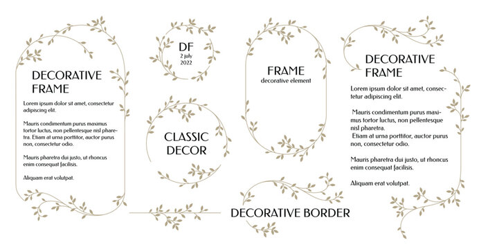 Set of decorative borders, frames, monograms. Graphic design page. Leafy pattern.