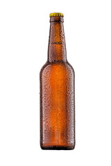 Bottle of beer with drops on white background.