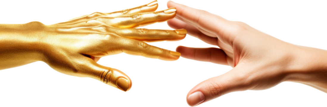 golden hand and human hand shaking or touching together,partner business concept isolated on white or transparent background,transparency,smiling, relaxation, ideas, imagination, creative, intelligenc - Powered by Adobe