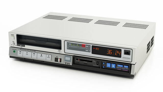 Vintage videocassette recorder or VCR isolated on white background. 3D illustration