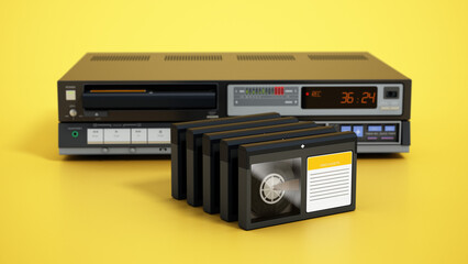 Vintage videocassette recorder and video cassettes isolated on yellow background. 3D illustration