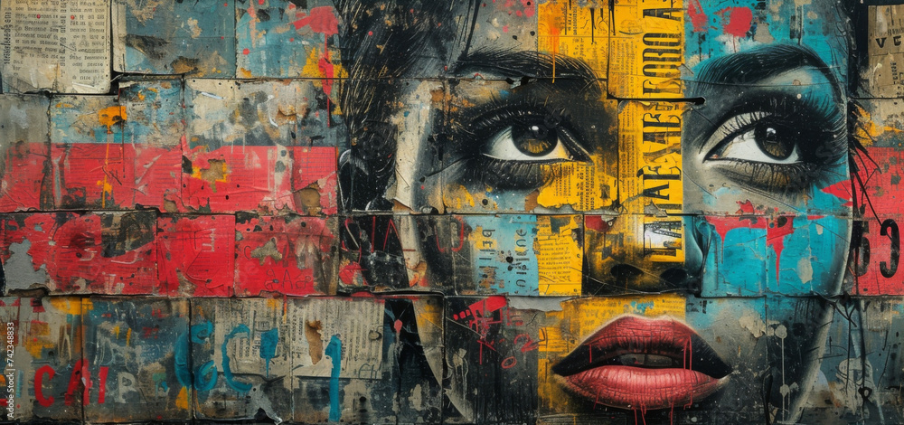 Poster texture of stenciled words and phrases overlapping and intertwining in a thoughtprovoking mural.