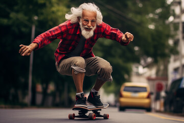 an elderly man taking advantage of life going down a city street at full speed on a skateboard