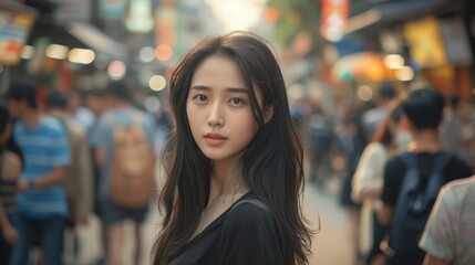 Obraz premium A young Korean tourist standing out in a crowded street
